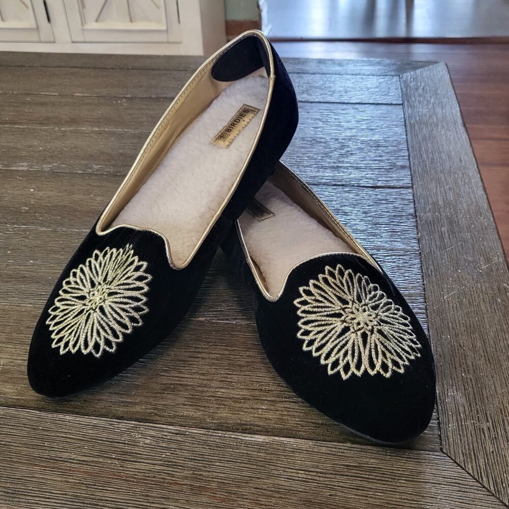Birdies Goldfinch Black Velvet Smoking Slippers Flats - Gold Embroidery - Sz 9
